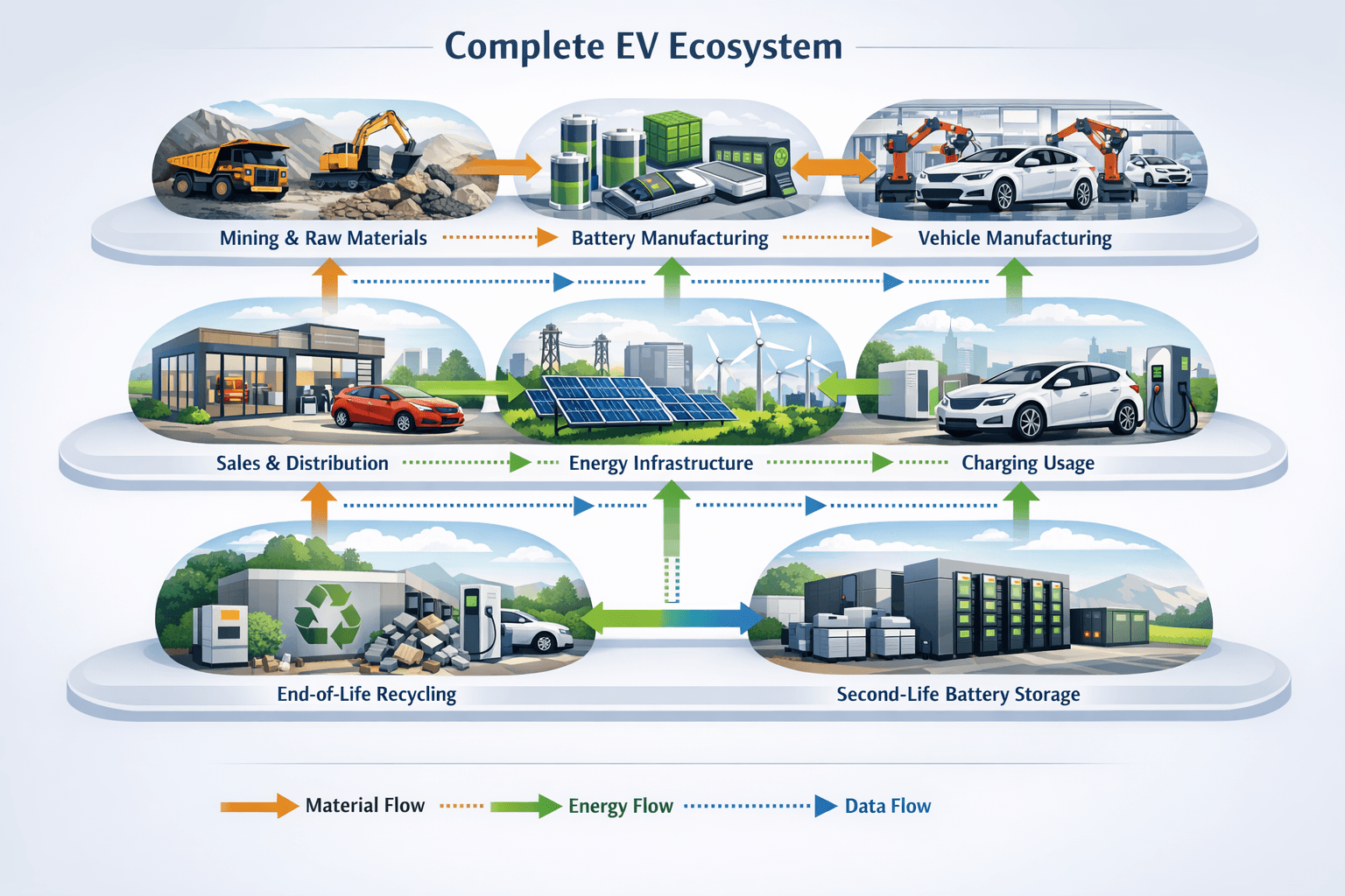 Complete EV Ecosystem showing material flow, energy flow, and data flow across all components from mining to recycling