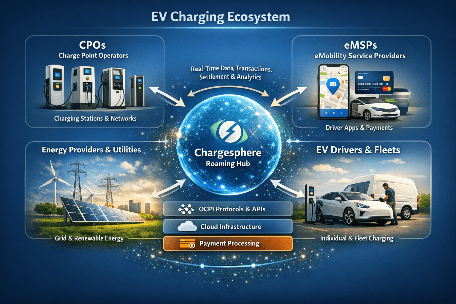 Chargesphere EV Charging Ecosystem Hub connecting CPOs, eMSPs, Energy Providers, and EV Drivers through OCPI protocols